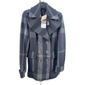 Burberry Brit Women Size 8 Black Grey Plaid Wool Blend Double Breasted Pea Coat